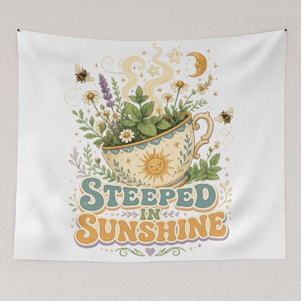 Item preview, Steeped in Sunshine Herbal Tea Lover Cottagecore Botanical Cozy Quote Art designed and sold by inkoutninja.