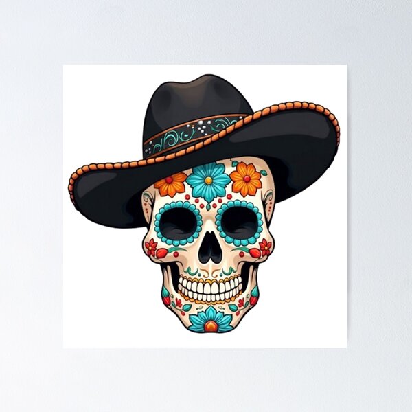 Item preview, Day of the Dead Skull with Black Cowboy Hat designed and sold by BajioAmigos.