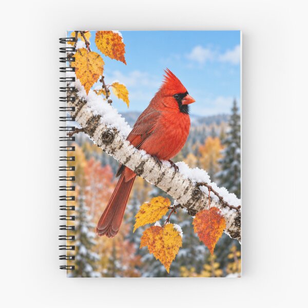 Item preview, Red Cardinal Bird Perched on a Snowy Birch Tree Branch With Autumn Leaves  designed and sold by DrewRomeoCo.