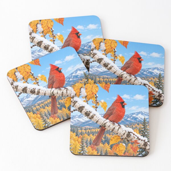 Item preview, Red Cardinal Bird Perched on a Snowy Birch Tree Branch With Autumn Leaves  designed and sold by DrewRomeoCo.