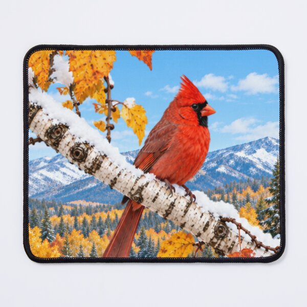 Item preview, Red Cardinal Bird Perched on a Snowy Birch Tree Branch With Autumn Leaves designed and sold by DrewRomeoCo.