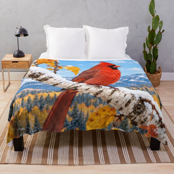 Item preview, Red Cardinal Bird Perched on a Snowy Birch Tree Branch With Autumn Leaves  designed and sold by DrewRomeoCo.