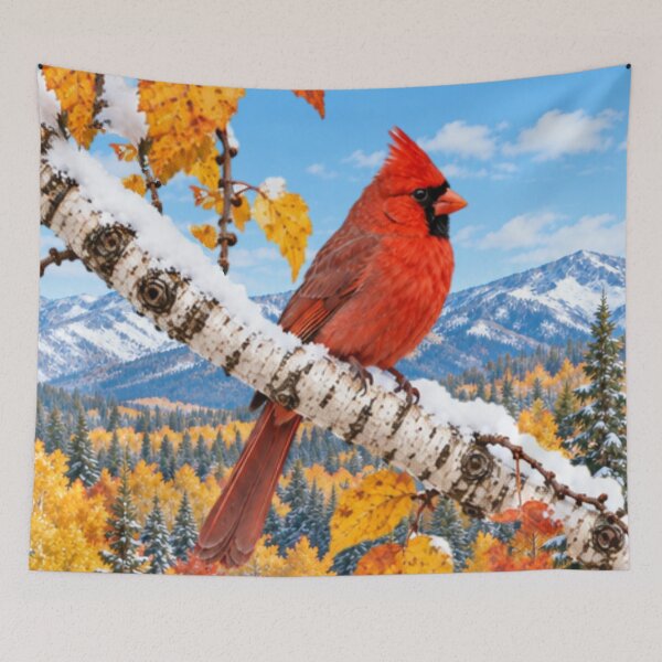 Item preview, Red Cardinal Bird Perched on a Snowy Birch Tree Branch With Autumn Leaves  designed and sold by DrewRomeoCo.