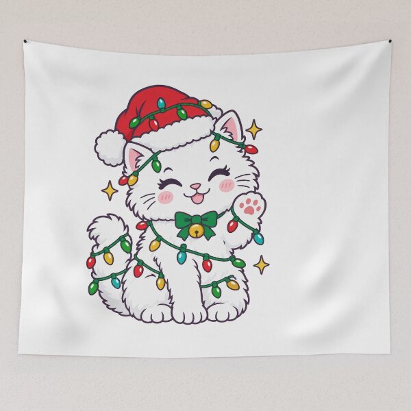 Item preview, White Christmas Kitten Wrapped in Festive Lights designed and sold by skyartdesign.