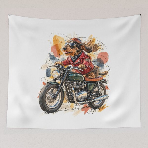 Item preview, Wind in His Ears – Wire-Haired Dachshund on a Motorcycle designed and sold by Russell Thorne.