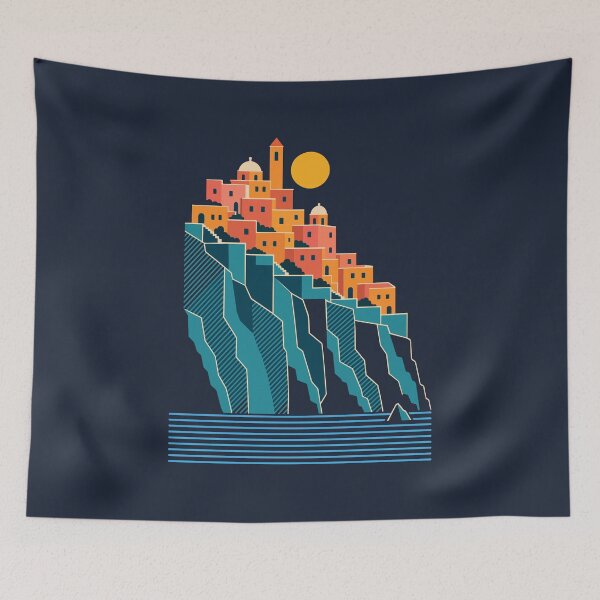 Item preview, Minimalist Illustration of a Mediterranean Coastal Village on a Cliff - Vintage Flat Design designed and sold by AliveStyle.