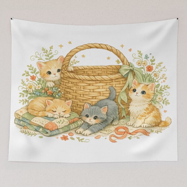 Item preview, Cute Kittens in a Basket Cottagecore Cat Lover Watercolor Floral Art designed and sold by inkoutninja.