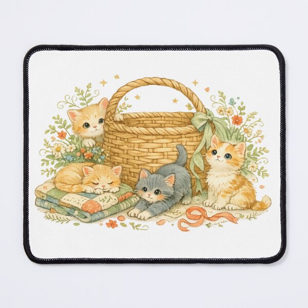 Item preview, Cute Kittens in a Basket Cottagecore Cat Lover Watercolor Floral Art designed and sold by inkoutninja.