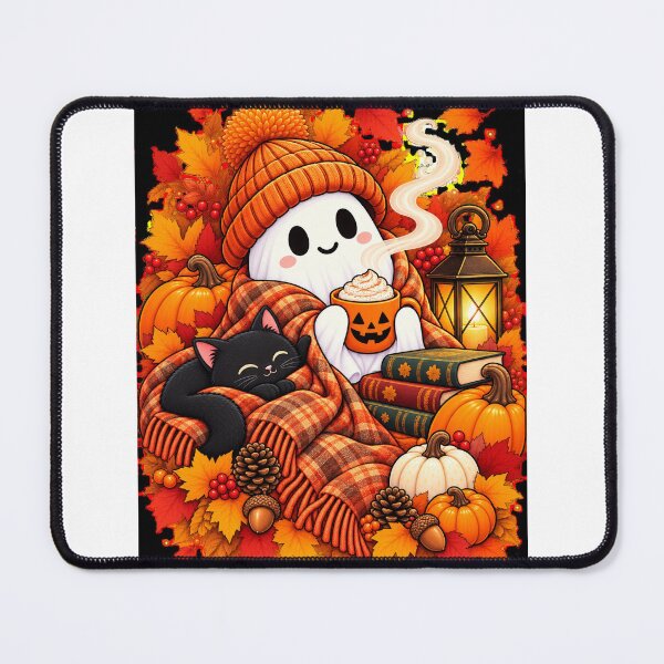 Item preview, Cozy Halloween Ghost Autumn Cat Pumpkin Illustration designed and sold by HAYTUBBLE.