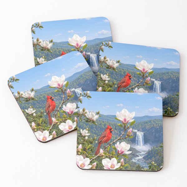 Item preview, Red Cardinal Perched on a Blooming Branch and Waterfall Backdrop designed and sold by DrewRomeoCo.