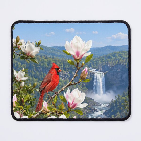 Item preview, Red Cardinal Perched on a Blooming Branch and Waterfall Backdrop designed and sold by DrewRomeoCo.