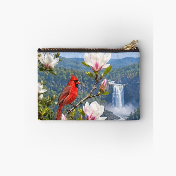 Item preview, Red Cardinal Perched on a Blooming Branch and Waterfall Backdrop designed and sold by DrewRomeoCo.