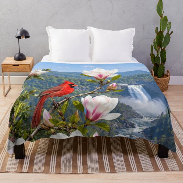 Item preview, Red Cardinal Perched on a Blooming Branch and Waterfall Backdrop designed and sold by DrewRomeoCo.