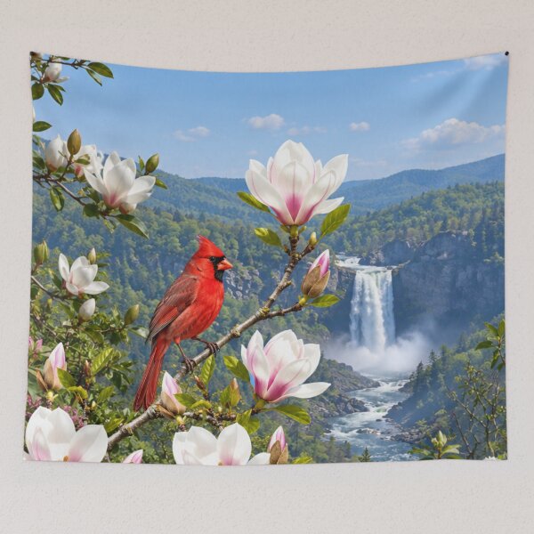 Item preview, Red Cardinal Perched on a Blooming Branch and Waterfall Backdrop designed and sold by DrewRomeoCo.