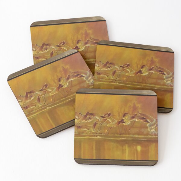 Item preview, Oil Painting Flying Avocets Birds Golden Sunset Wetland designed and sold by CanvasMeadow.