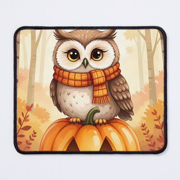 Item preview, Autumn’s cheerful owl wearing a tiny knitted scarf, perched on a whimsical, oversized pumpkin. designed and sold by Ponted.