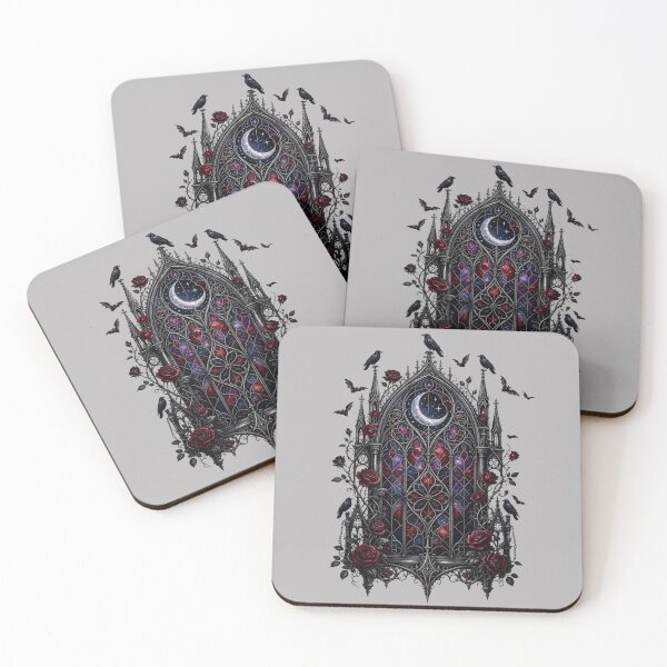 Item preview, Gothic Cathedral Window Red Roses Ravens Stained Glass designed and sold by CF_VintageDesign.