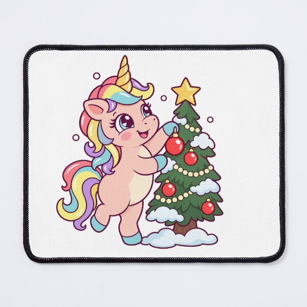 Item preview, Rainbow Unicorn Decorating a Snowy Christmas Tree designed and sold by skyartdesign.