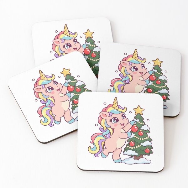 Item preview, Rainbow Unicorn Decorating a Snowy Christmas Tree designed and sold by skyartdesign.
