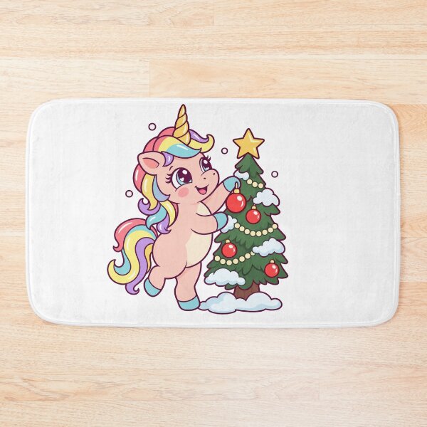 Item preview, Rainbow Unicorn Decorating a Snowy Christmas Tree designed and sold by skyartdesign.