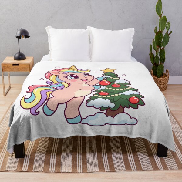 Item preview, Rainbow Unicorn Decorating a Snowy Christmas Tree designed and sold by skyartdesign.