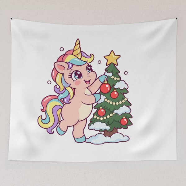 Item preview, Rainbow Unicorn Decorating a Snowy Christmas Tree designed and sold by skyartdesign.