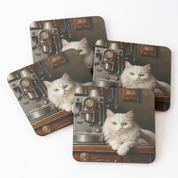 Item preview, White Fluffy Cat and Antique Coffee Machine designed and sold by Purrista Studio.