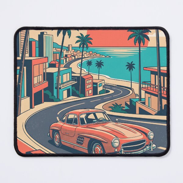 Item preview, Vintage Red Classic Car Driving Through Coastal City – Retro Beach Road Trip Design designed and sold by Sea Gem.