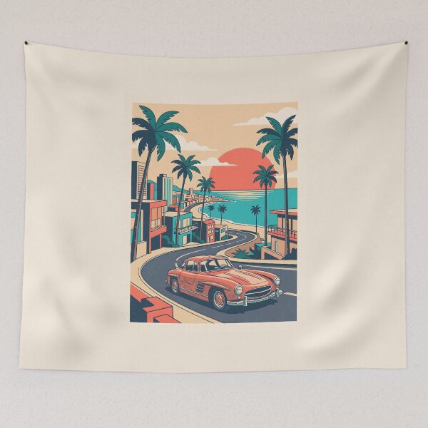 Item preview, Vintage Red Classic Car Driving Through Coastal City – Retro Beach Road Trip Design designed and sold by Sea Gem.