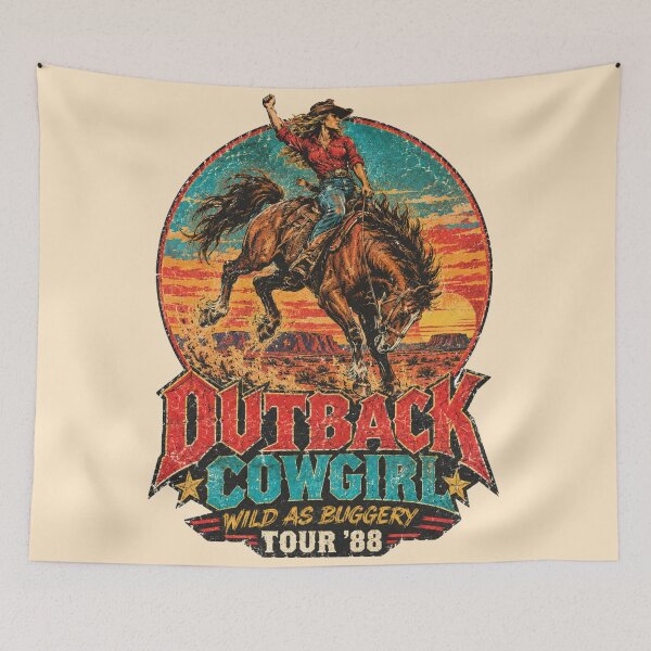 Item preview, Outback Cowgirl Vintage Western Retro Rodeo Bucking Brumby Horse designed and sold by Yellowriversss.