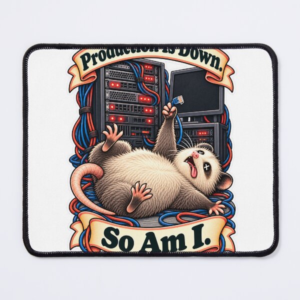 Item preview, Production Is Down. So Am I. - Possum Server Room Humor designed and sold by Ctrl Alt Bureaucracy.