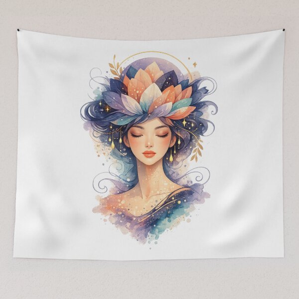 Item preview, Celestial Lotus Woman Watercolor Mystical Feminine Goddess Portrait Art designed and sold by inkoutninja.