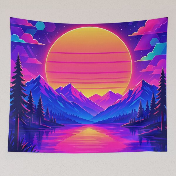 Item preview, Retro Synthwave Sunset Over Mountain Lake with Neon Pines designed and sold by Herodestroyer.