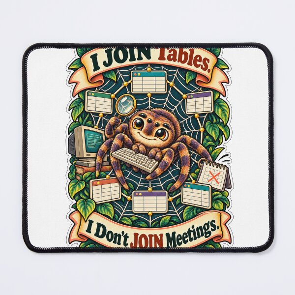 Item preview, I JOIN Tables. I Don't JOIN Meetings. - Spider SQL Humor designed and sold by Ctrl Alt Bureaucracy.