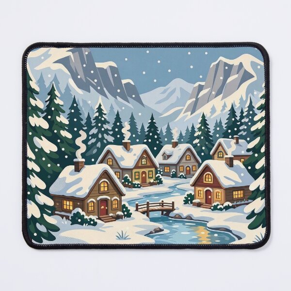 Item preview, Retro Snowy Mountain Village with Cozy Cabins and Frozen River designed and sold by Herodestroyer.
