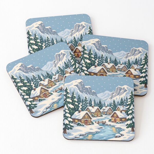 Item preview, Retro Snowy Mountain Village with Cozy Cabins and Frozen River designed and sold by Herodestroyer.