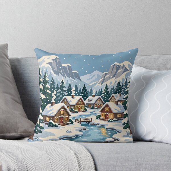 Item preview, Retro Snowy Mountain Village with Cozy Cabins and Frozen River designed and sold by Herodestroyer.