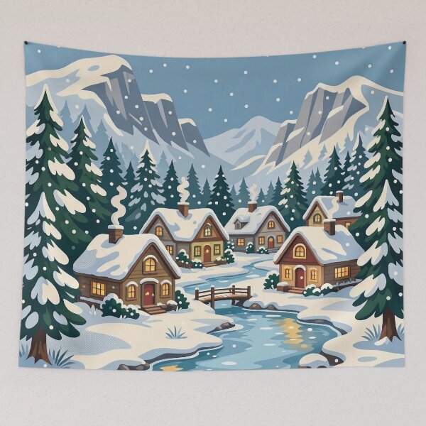 Item preview, Retro Snowy Mountain Village with Cozy Cabins and Frozen River designed and sold by Herodestroyer.