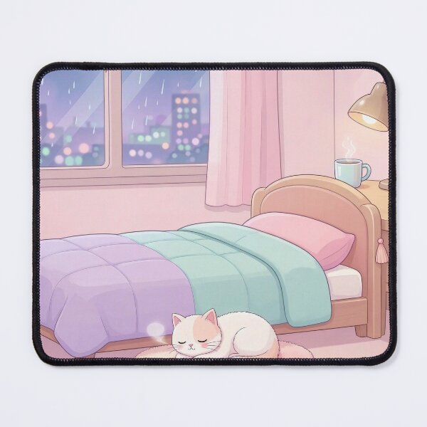 Item preview, Cozy Pastel Bedroom with Sleeping Cat on Rainy Night designed and sold by Herodestroyer.