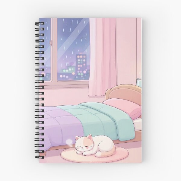 Item preview, Cozy Pastel Bedroom with Sleeping Cat on Rainy Night designed and sold by Herodestroyer.