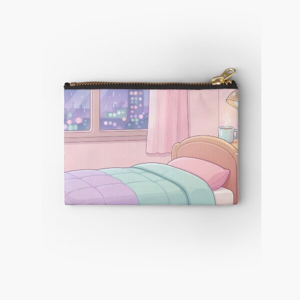 Item preview, Cozy Pastel Bedroom with Sleeping Cat on Rainy Night designed and sold by Herodestroyer.