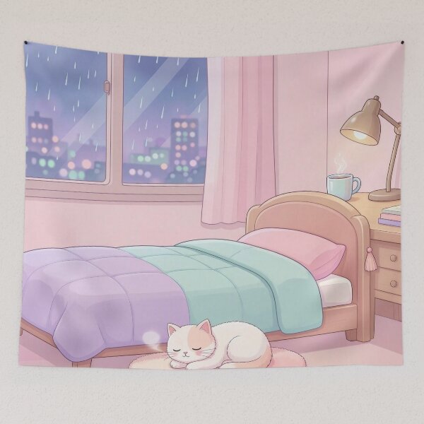 Item preview, Cozy Pastel Bedroom with Sleeping Cat on Rainy Night designed and sold by Herodestroyer.