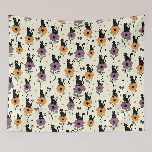 Item preview, Black Cat Floral Halloween Seamless Pattern with Bows. designed and sold by i-have-idea.