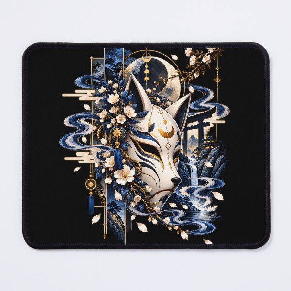 Item preview, Blue Kitsune Fox Mask Sakura Moon Japanese Art designed and sold by QubekShop.