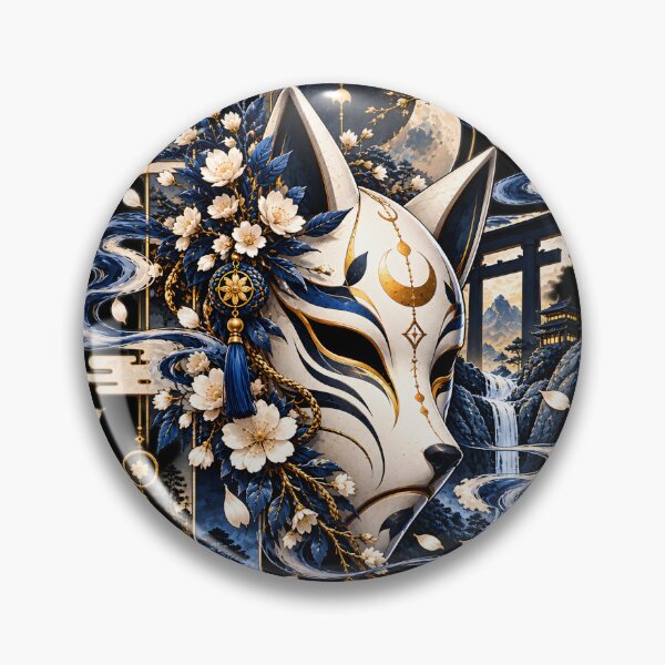Item preview, Blue Kitsune Fox Mask Sakura Moon Japanese Art designed and sold by QubekShop.