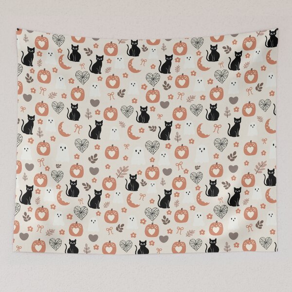 Item preview, Black Cat Pumpkin and Heart Halloween Seamless Pattern. designed and sold by i-have-idea.