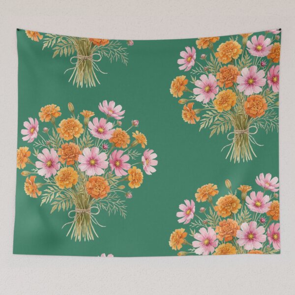 Item preview, Vintage Botanical Cosmos and Marigold Floral Bouquet designed and sold by bvdesignart.