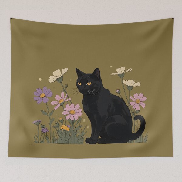 Item preview, Black Cat Among Pink Wildflowers designed and sold by KiraChie.