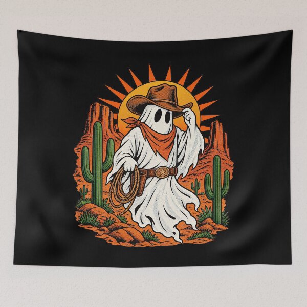 Item preview, Halloween Cowboy Ghost Western Lasso Desert Sunset Art Print designed and sold by adiencarteras.