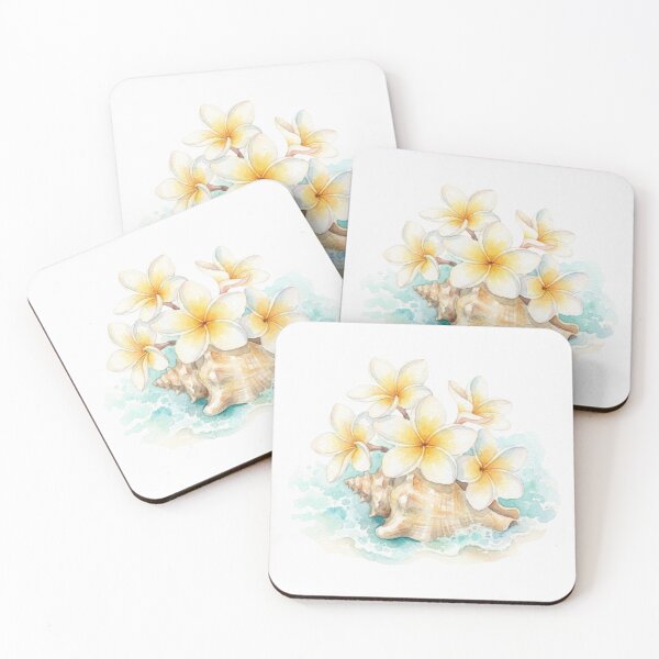 Item preview, Watercolor Tropical Plumeria Flowers And Seashell Beach Art    designed and sold by bvdesignart.